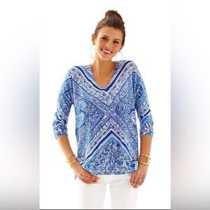 Lilly Pulitzer Linen Jameson Sweater XS/S Dolman Blue White Lightweight Coastal
